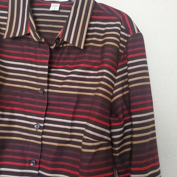 Coldwater Creek Blouse Size S 8 Brown Red Stripe No Iron Long Sleeve Button - Picture 4 of 15